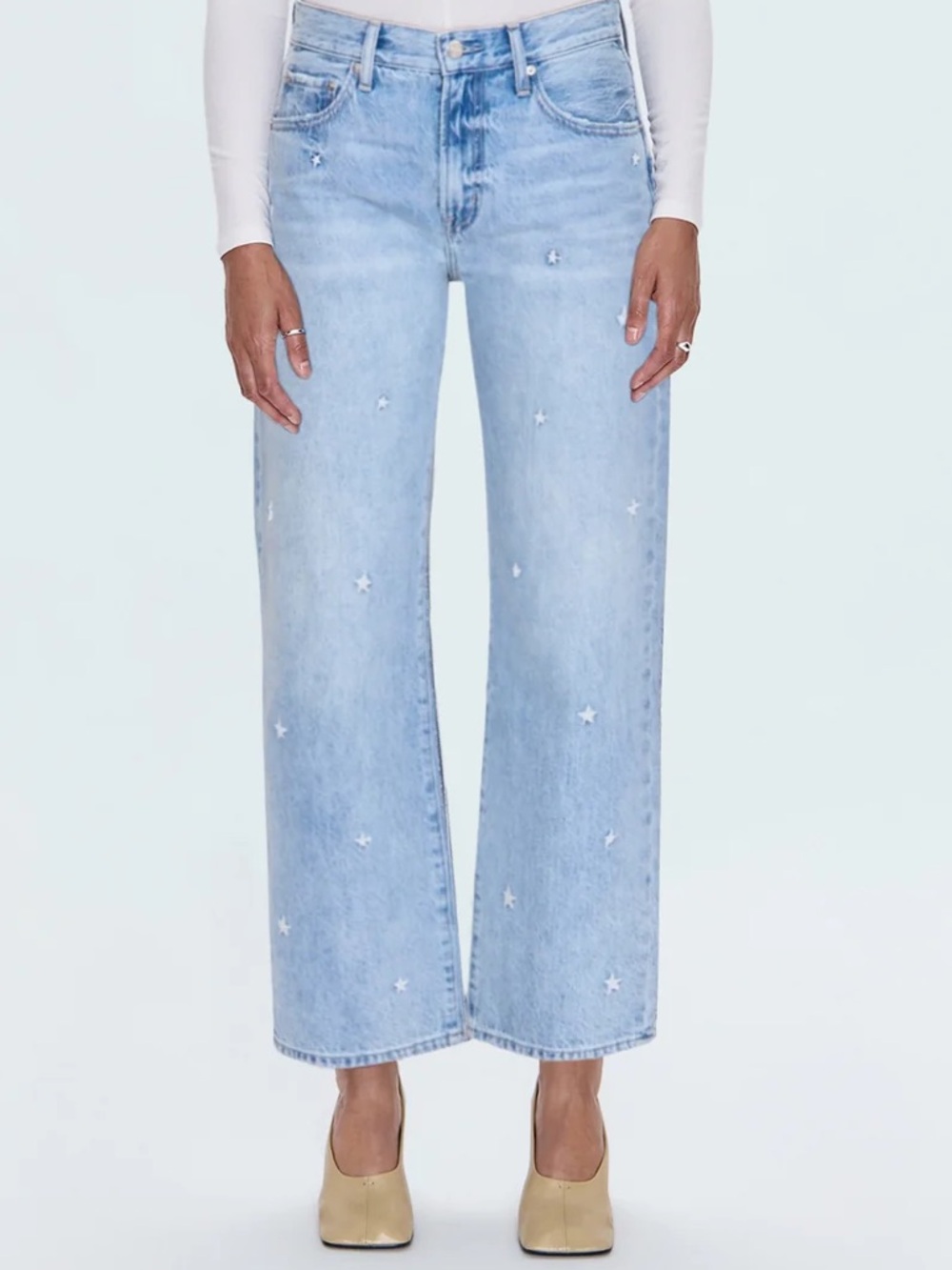 Pistola Lexi Embroidered Stars Mid Rise Bowed Straight Jeans Blue Size 29